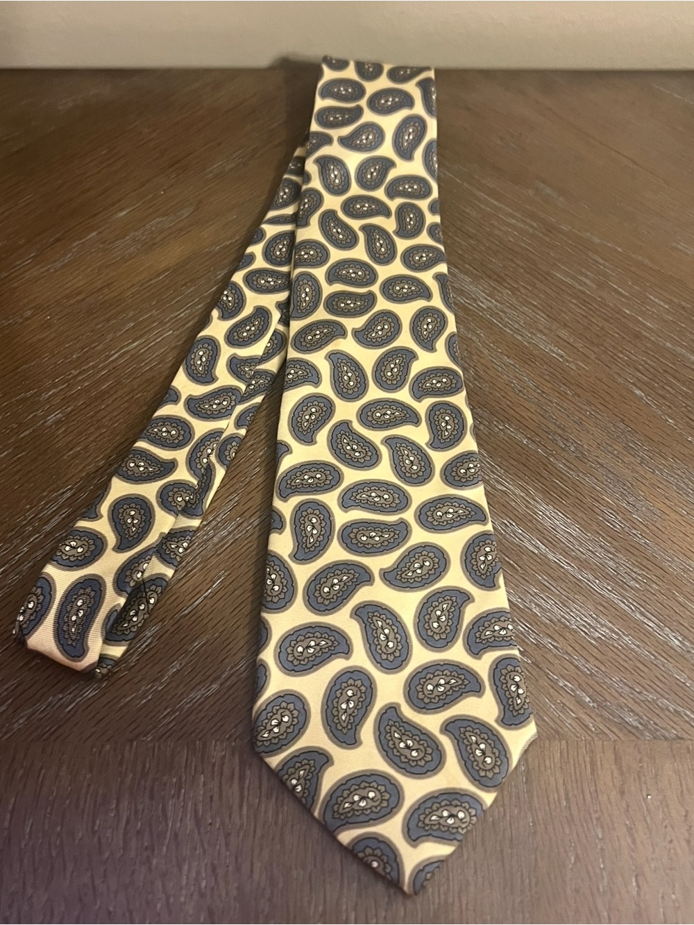 Vintage Bill Blass Gold and Navy Blue Paisley Silk Tie Made in USA